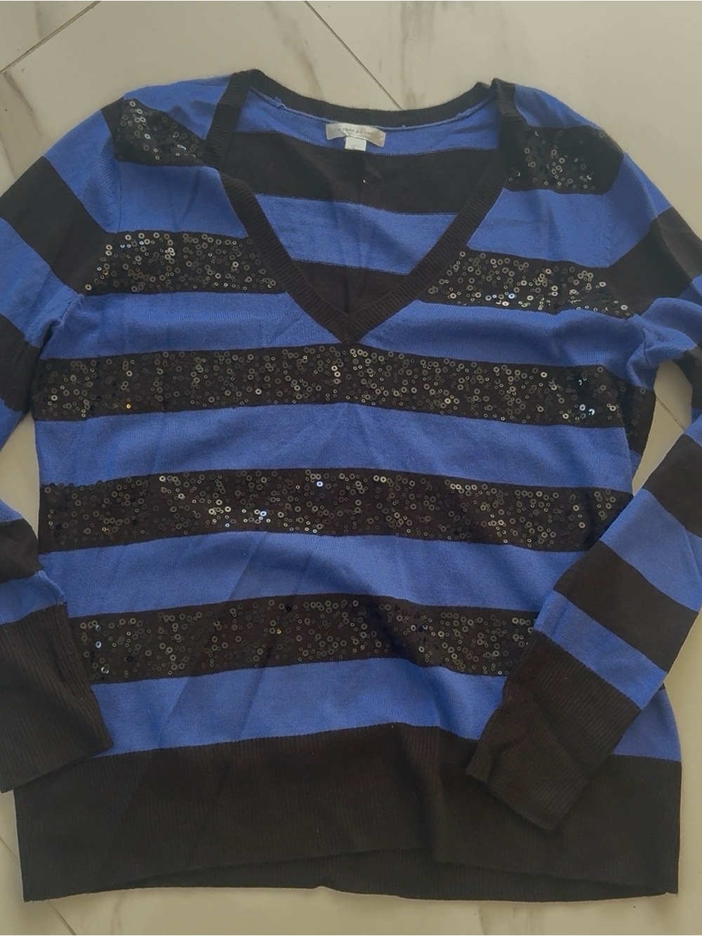New York & Company Blue and Black Striped V-Neck Sweater with Sequins